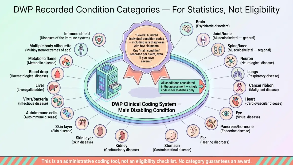 What medical conditions does the DWP record, and how are they categorised